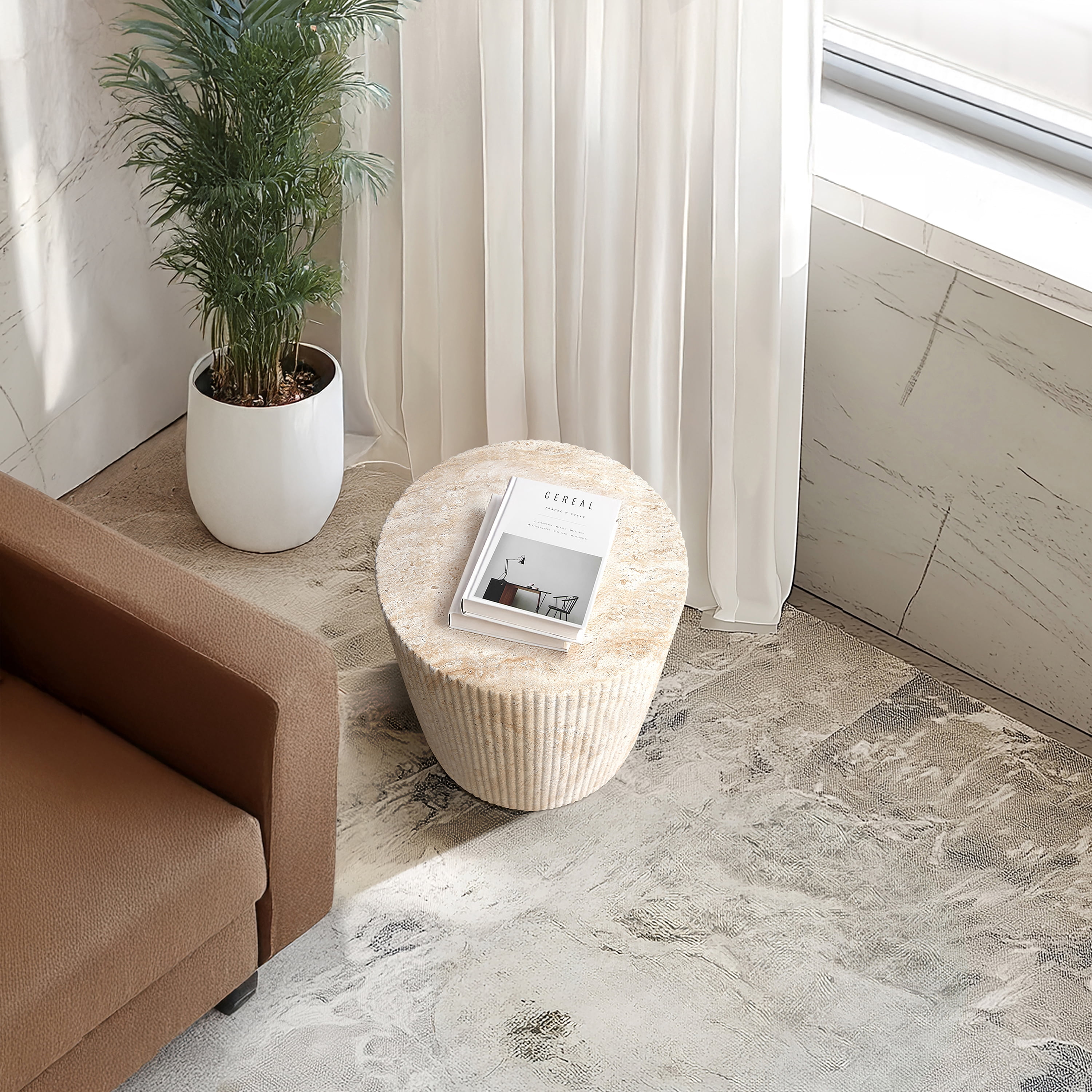 Column Travertine Stone Finish Italian Design MgO Side Accent Table