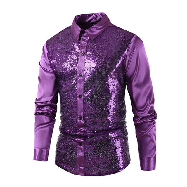 pstuiky Camisas de manga larga abrigadas para hombre, Camisa de lentejuelas de moda para hombre, con cuello vuelto brillante y manga larga. Tops de hombre l