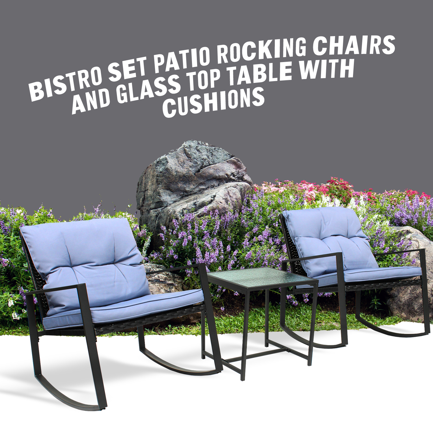 Patio 3-Piece Rocking&nbsp;Rocking Chair Set: Black Wicker Furniture-Two Chairs with Glass&nbsp;occasional&nbsp;Table - image 3 of 7