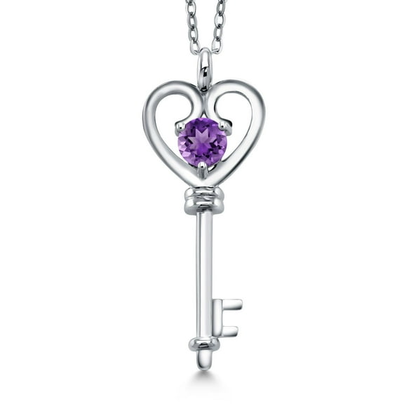 Gem Stone King 925 Sterling Silver Purple Amethyst Heart Key Pendant Necklace for Women ( 0.45 Ct Round With 18 inch Silver Chain)