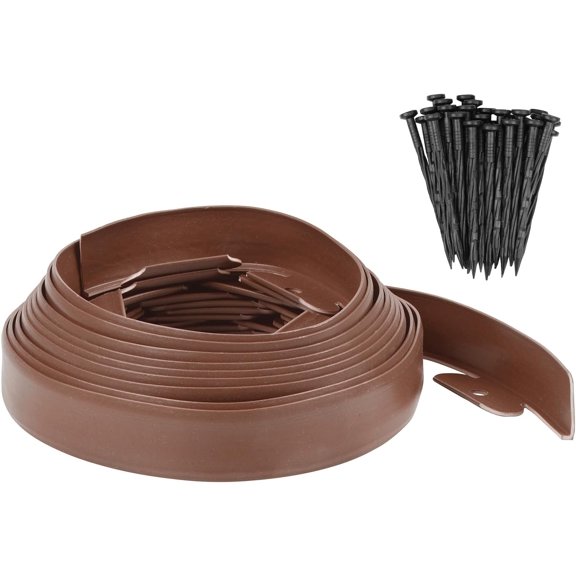 Garden Edging - 20 Feet Plastic Landscaping Edging Border with 18 PCS Spikes Apply to Flower Beds/Grass Lawn/Yard (20FT x 1.57IN, Dark Brown)