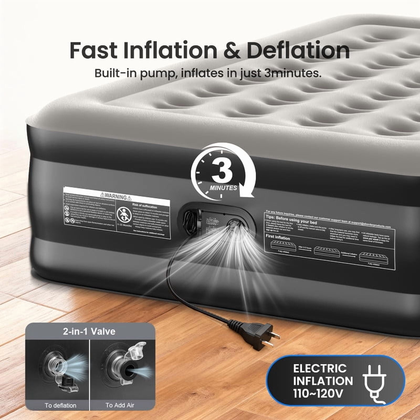 Ophanie Queen Air Mattress, 18-Inch Elevated Inflatable Bed with Built-in Pump, Puncture-Resistant, Quick Inflation/Deflation, Portable for camping & Guests, Black