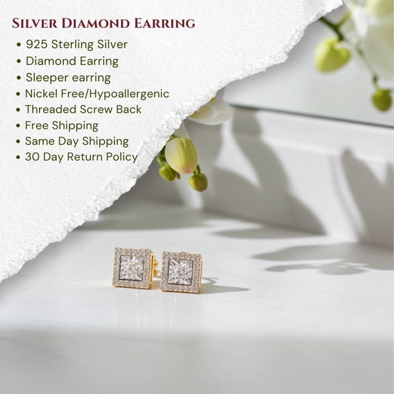 King of Bling's Square 925 Yellow Silver 0.10ct Genuine Diamond Women's/ Men's Stud Earrings