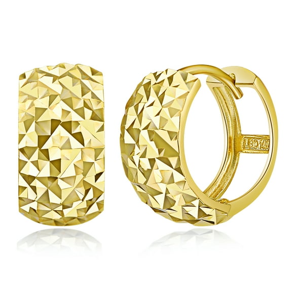 Wellingsale Ladies 14k Yellow Gold Polished 7mm Diamond Cut Faceted Hoop Huggies Earrings (15 x 15 mm)
