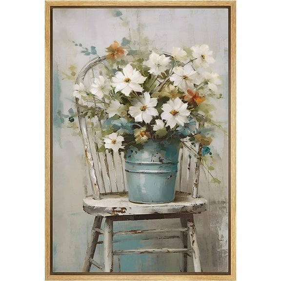PixonSign Framed Canvas Print Wall Art Fine Art Still Life White Daisy Flowers Nature Wilderness Illustrations Modern Art Botanical Floral Farmhouse/Country Relax/Calm/Cozy - 16"x24" Natural