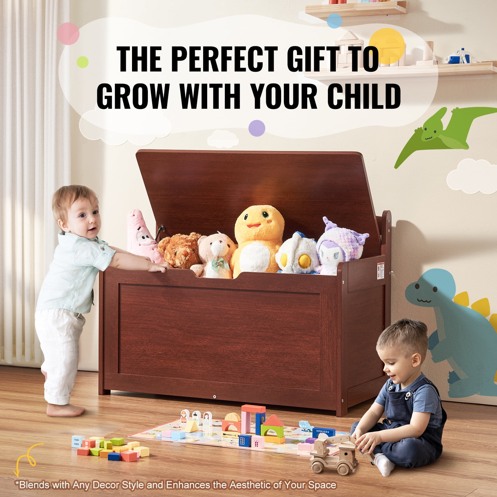 KFFKFF Children's Wooden Storage Chest, Flip-Top Lid with Safety Hinge, 32.68 x 17.91 x 24.02" Spacious Bench for Toys, Suitable for Playrooms, Bedrooms, Living Spaces, Cherry Finish