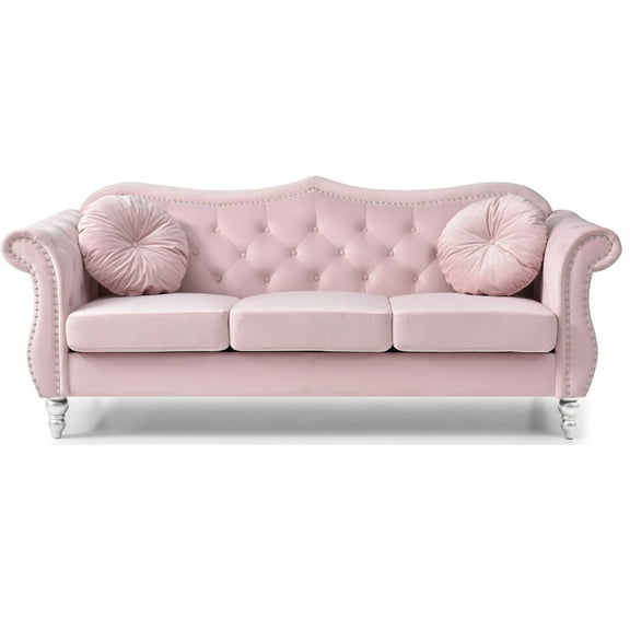 Contemporary Home Living Velvet Tufted Chesterfield 3-Seater Sofa with Throw Pillows - 82" - Pink
