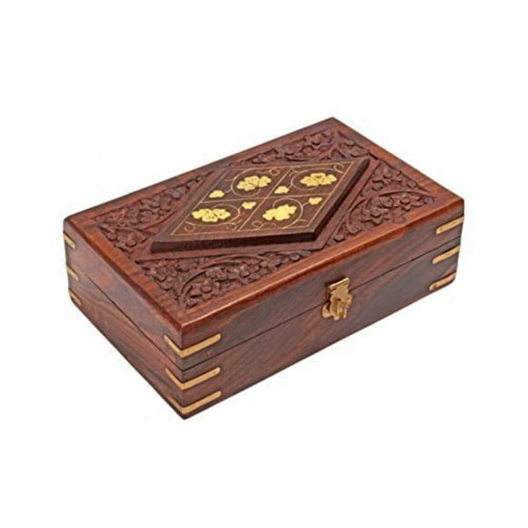 STORE INDYA Hand Carved Decorative Wooden Jewelry Trinket Holder Organizer Keepsake Storage Box Chest with Brass Inlay
