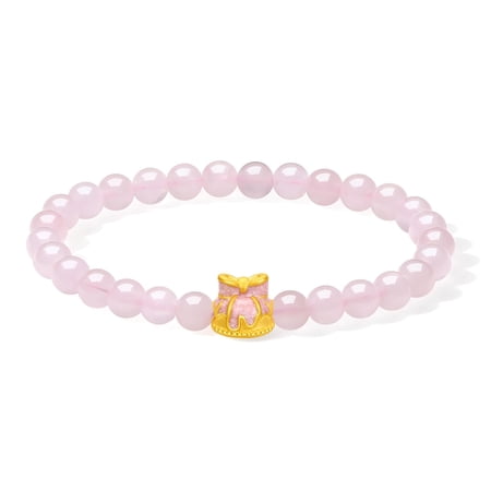 ZHOU LIU FU 24K Solid Gold Charm Bracelets Rose Quartz Beaded Bracelet Real Gold Pink Cake Rose Charms Healing Jewelry for Women Her Mom Gifts Mother Day Birthday Anniversary 7"