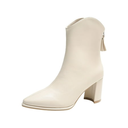 

Lovskoo 2024 Cowboy Boots for Women Pointed Toe Chunky Heel Side Zipper Fall Short Booties White