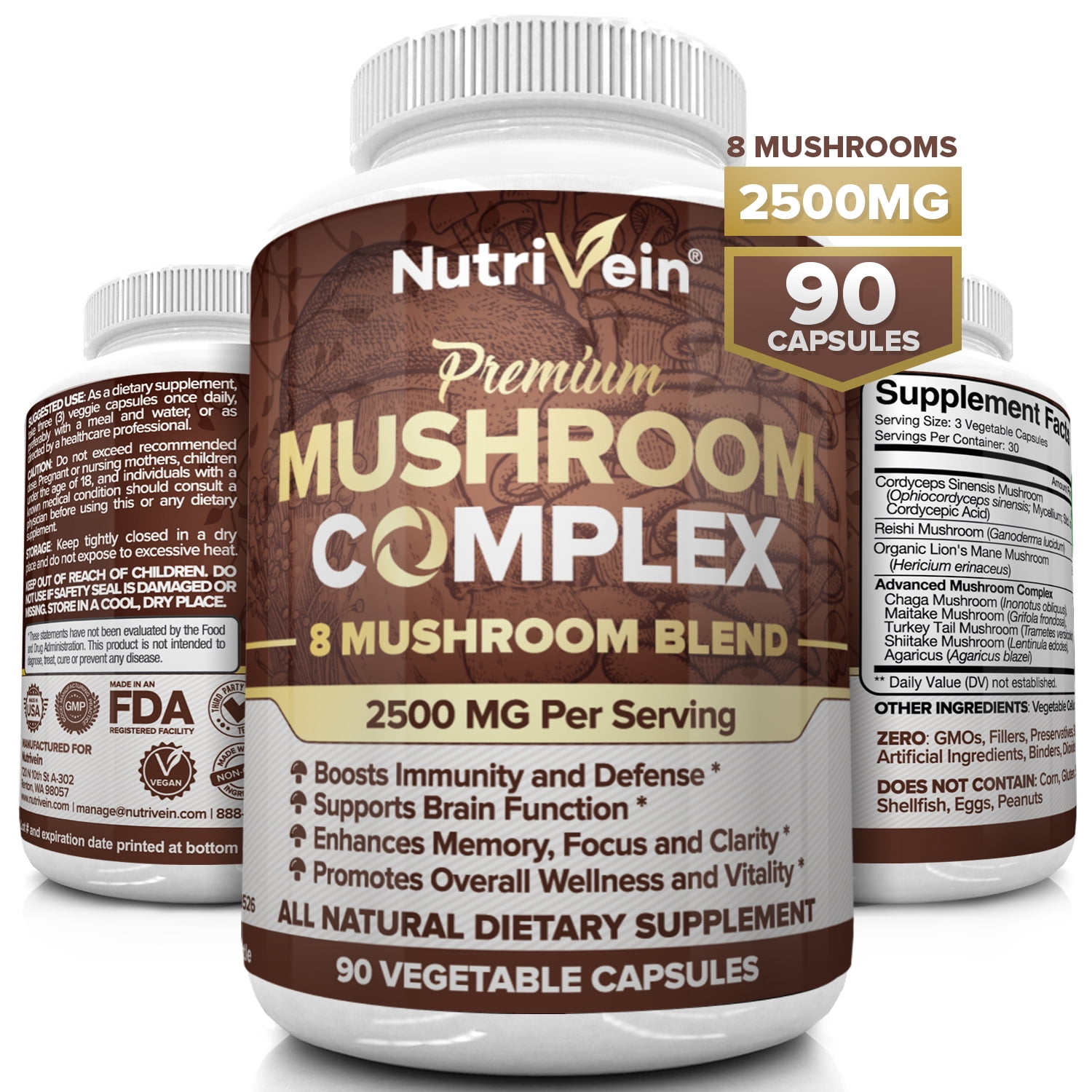 Nutrivein Mushroom Supplement 2500mg 90 Capsules 8 Organic Mushrooms Lions Mane, Cordyceps