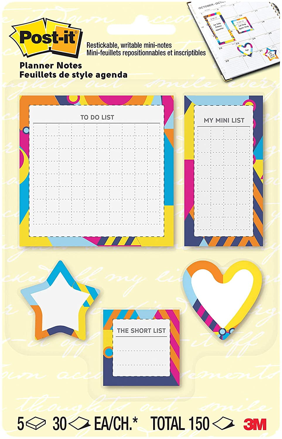 Postit Notes Planner Sticky Notes, to Do List, Mini List, Short List and Shapes, 5 Pads, 30