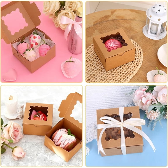50pcs White Cookie Boxes with Window, 4x4x2.5 Inches Bakery Boxes with 5pcs Stickers for Small Cookies, Treats, Desserts, Chocolate Covered Strawberries, Mini Cake