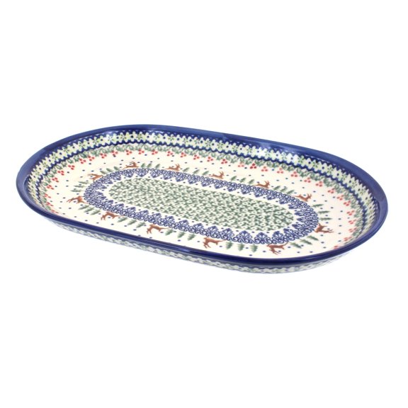 Blue Rose Polish Pottery Reindeer Delight Large Oval Dish