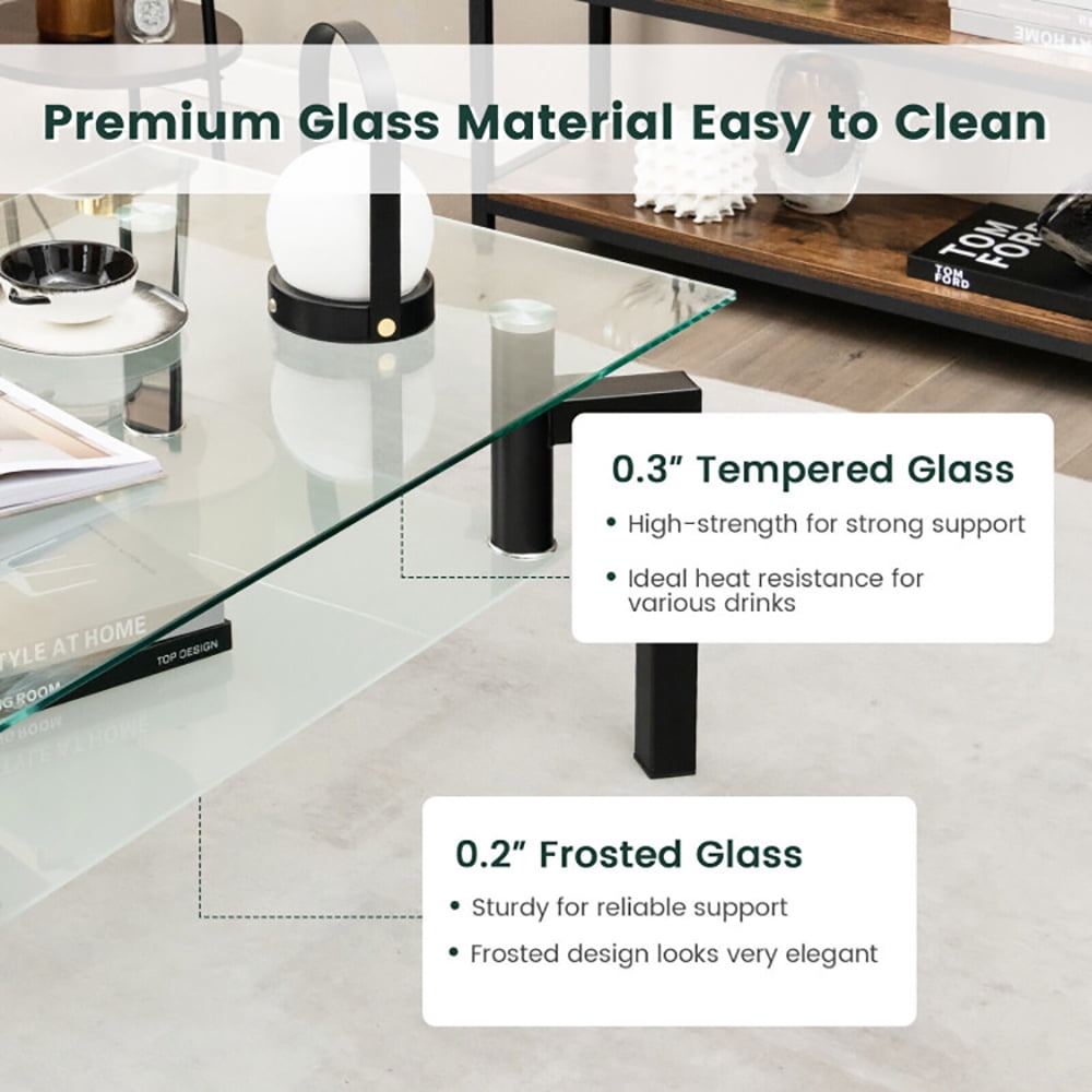 Finihen Coffee Table, Glass Coffee Table, 2-Tier Rectangular Glass Coffee Table with Metal Tube Legs, for Living Room, Reception Room, Black Finihen Coffee Table, Glass Coffee Table, 2-Tier Rectangular Glass Coffee Table with Metal Tube Legs, for Living Room, Reception Room, Black