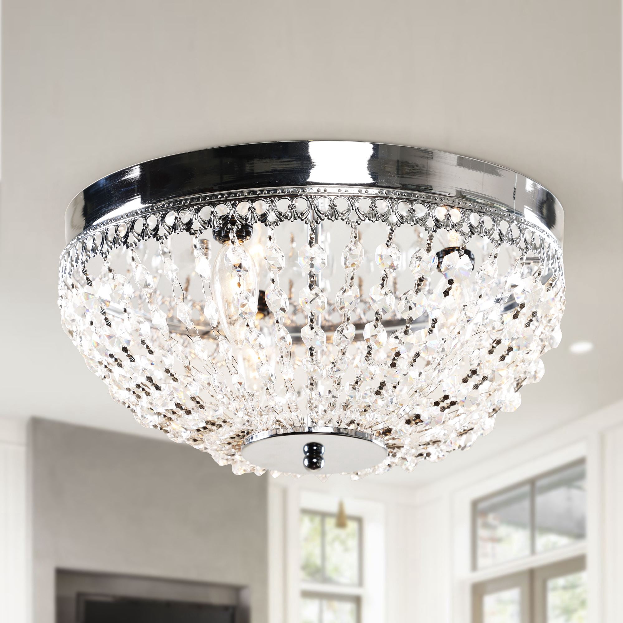 Modern Chandelier Ceiling Light Fixture Crystal Flush Mount Chandelier Lighting Ceiling Lamp, 14 Inch, Chrome