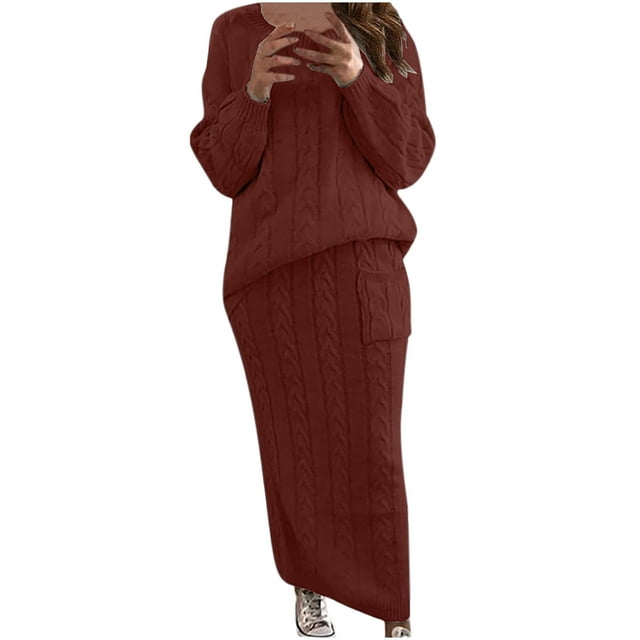Pompotops Womens Solid Color Round Neck Long Sleeve Cable Knitted Warm Two-Piece Skirt Sweater Suit Set