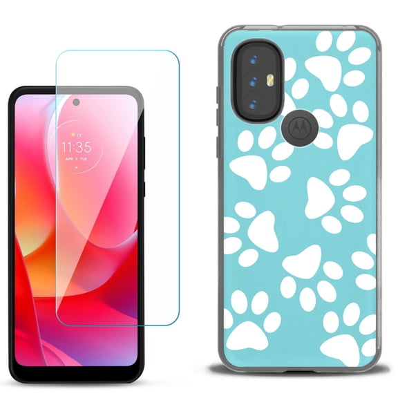 Slim-Fit Gel TPU Phone Case for Motorola Moto G Power 2022, with Tempered Glass Screen Protector, by OneToughShield ® - Pet Paw / Teal