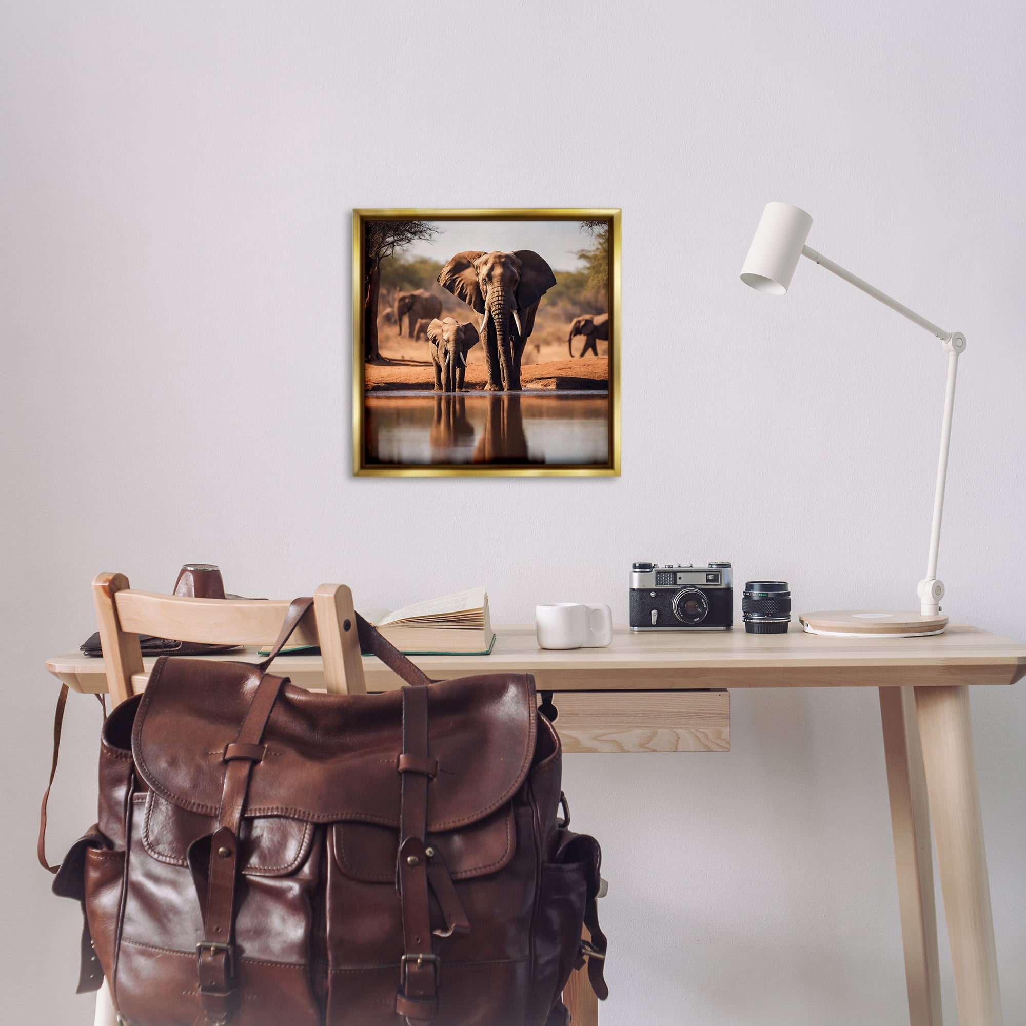Stupell Industries Elephant & Calf at Waterhole Animals Photography Gold Floater Framed Canvas Art Print Wall Art, 25 x 25
