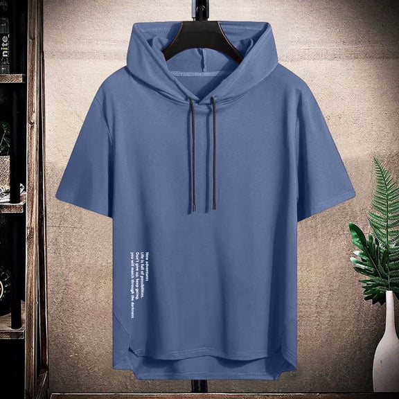 DPTALR Men's Casual Solid Color Hooded Breathable Short Sleeve T-shirt,Blue, S