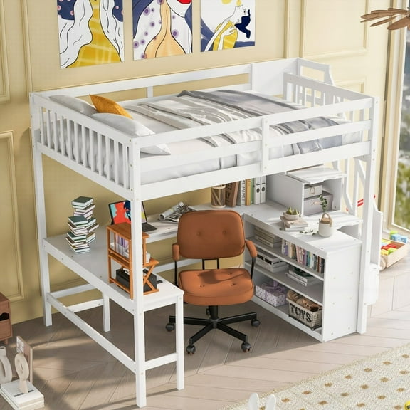 Loft Bed - Full Size with Built-in L-Desk & Three-Tier Storage Shelves & Storage Staircase (White)