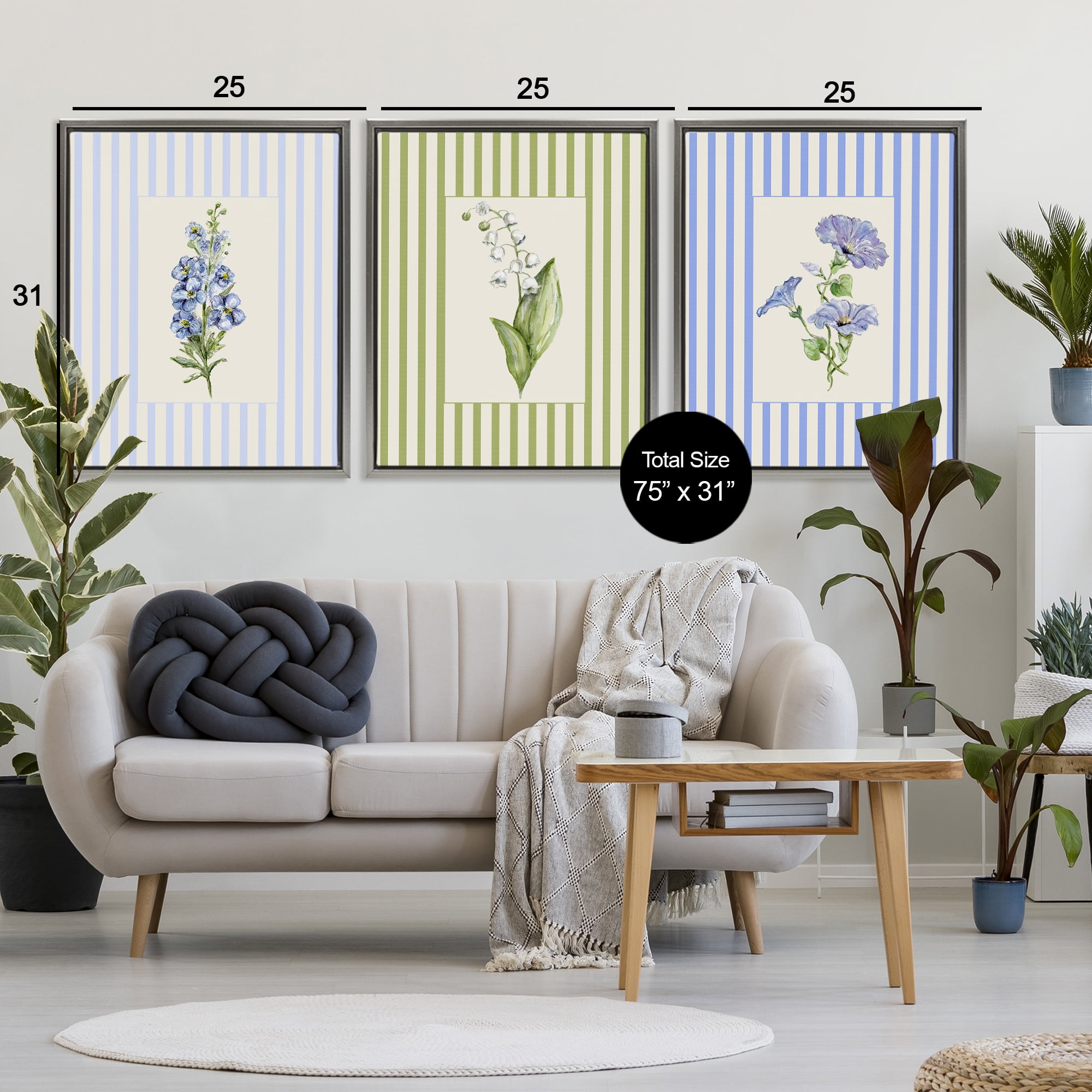 Soft Stripe Cottage Blooms 3 Piece Gray Framed Floater Canvas Set, design by Lisa Wehmeyer