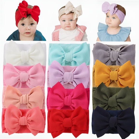 TELOLY 12 Pack Oversized Colorful Solid Stretchy Nylon Headbands with Big Bow Large Knot Hair Bows Soft Elastic Hair Bands Hair Accessories Wide Headwraps for Newborn Baby Girls Infants Toddlers Kids