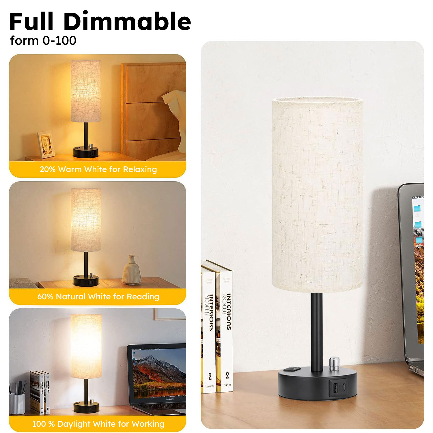GVDV Bedside Table Lamp with USB Charging Port, Dimmable photo 2