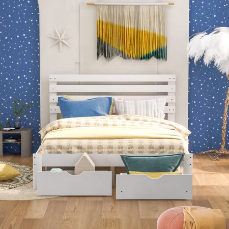 Wood Queen Storage Beds  SESSLIFE Platform Bed with 2 Drawers for Boys Girls  Queen Bed Frame with Headboard and Wooden Slats System for Bedroom Dorm Guest Room  No Box Spring Needed  White
