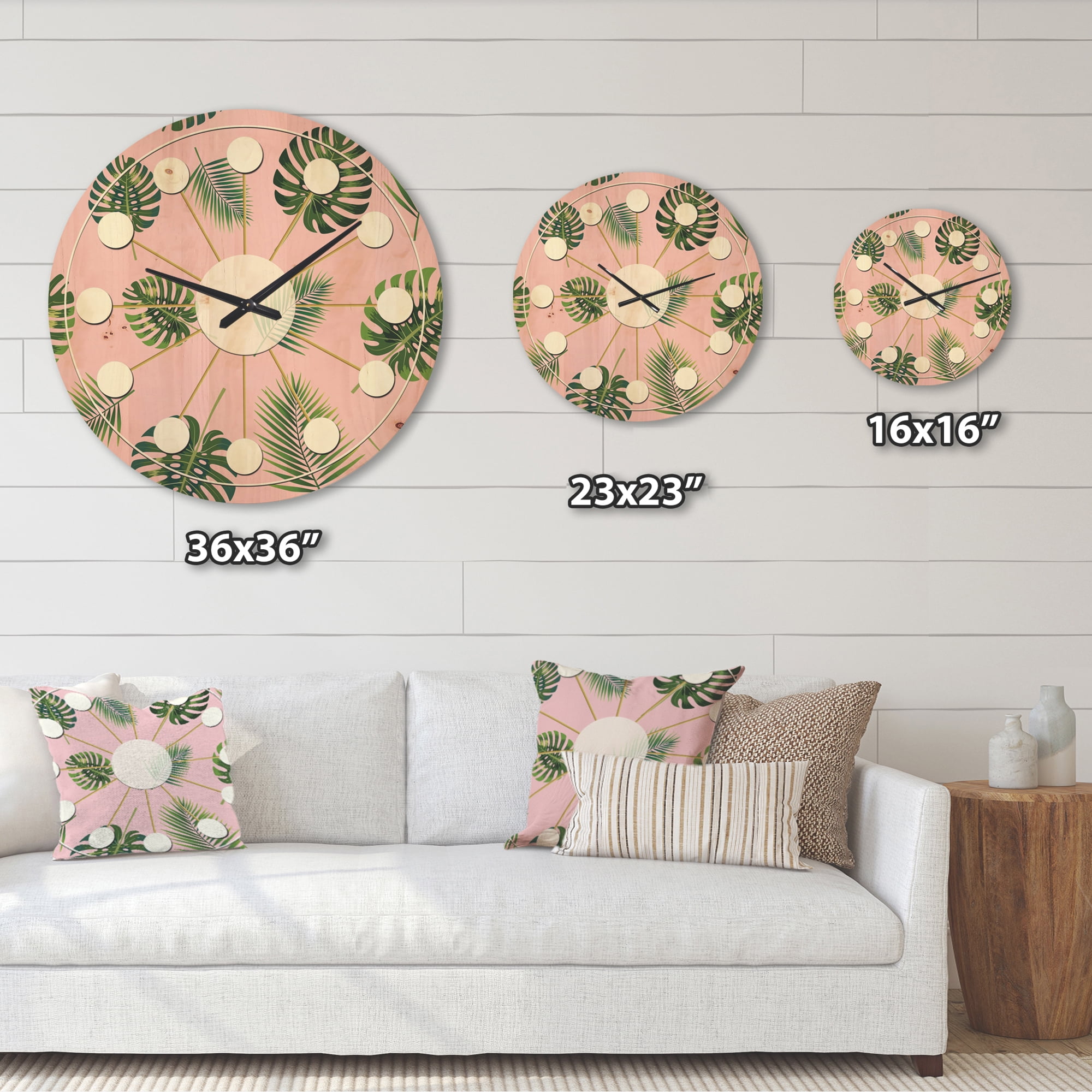 Designart 'Palm Tropical Leaves Retro Pattern' Mid-Century Modern Wood Wall Clock