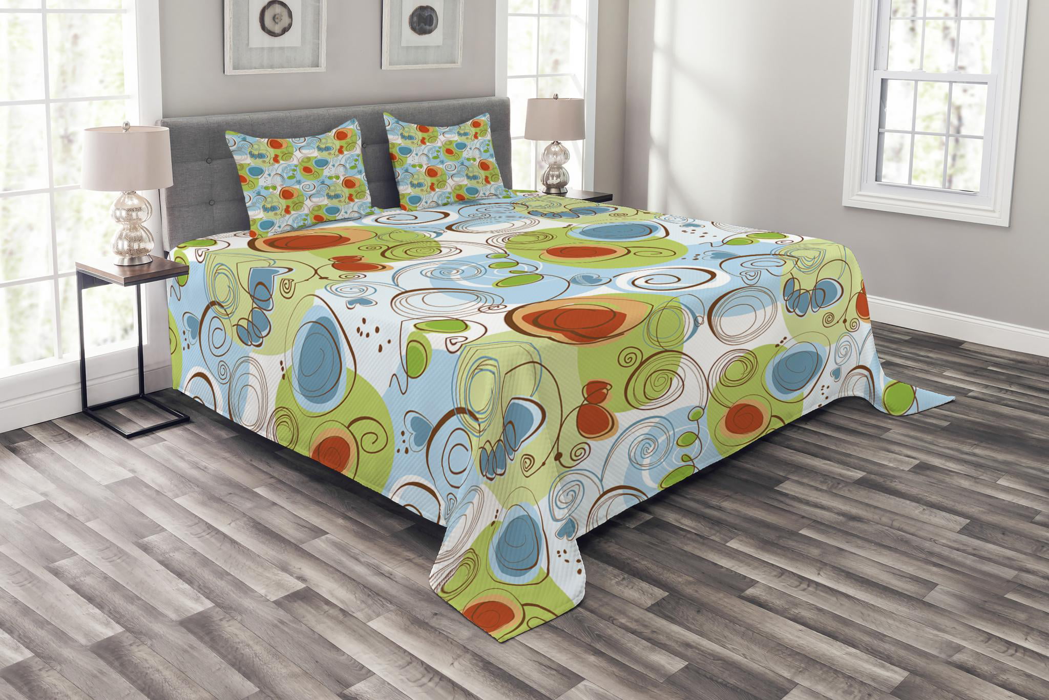 Modern Bedspread Set, Floral Flowers with Geometrical Abstract Funky ...