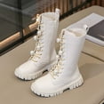 thumbnail image 3 of Girls Combat Boots Pearl Strap Lace up Chunky Non Slip Mid Calf Riding Booties Trendy Fall Dress Long Motorcycle Boots White 3 Big Kids, 3 of 6
