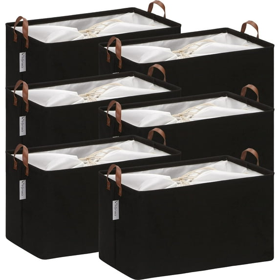 Hinwo 18.6 Gal./74.4 Qt./70.2 L Canvas Storage Bins, Rectangle Storage Baskets, Storage Cubes with Totes, Drawstring Closure, 22 x 15 x 13 Inches, 6-Pack, Black