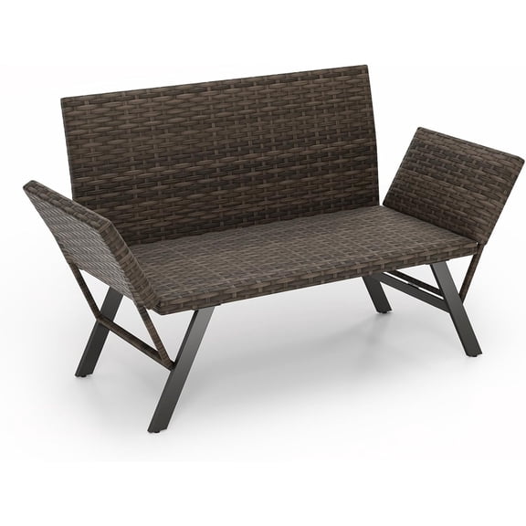BarefHaven Patio Convertible Futon Sofa for 2, Quick Dry Foam Padded Rattan Loveseat w/Adjustable Armrests, Metal Frame Wicker Couch for Backyard, Poolside, Porch, 660 LBS Max Load (Grey)