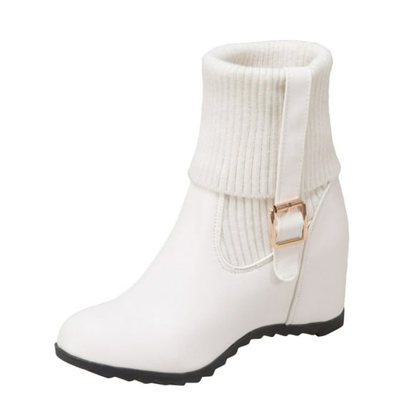 Bmisegm Ladies Fashion Solid Color Knit Mouth Adjustable Buckle Inner Wedge Boots Shoes Boots for Women White 9