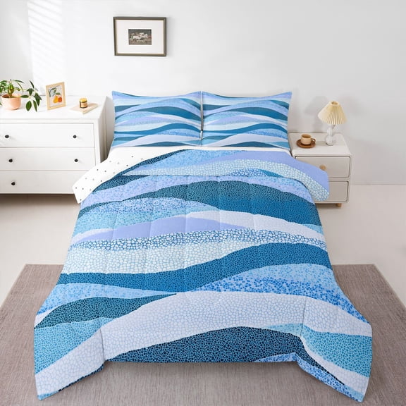 Castle Fairy Gradient Blue Stripes Twin Comforter Sets for Adults,Lines Bedding Set