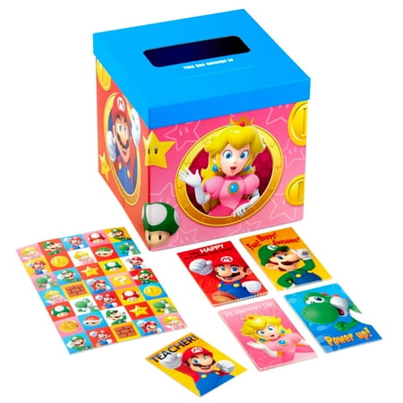 Hallmark Super Mario Bros Valentine's Day Cards and Mailbox for Kids School Classroom Exchange (1 Box, 32 Valentine Cards, 35 Stickers, 1 Teacher Card)