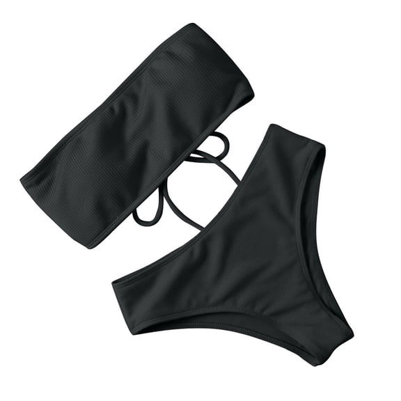JoveMarine Women's Bandeau Two-Piece Bikini Set, Strapless with Padded Cups, No Underwire, Summer Beach Swimsuit, Trendy Bikini Sets for Women,Black L