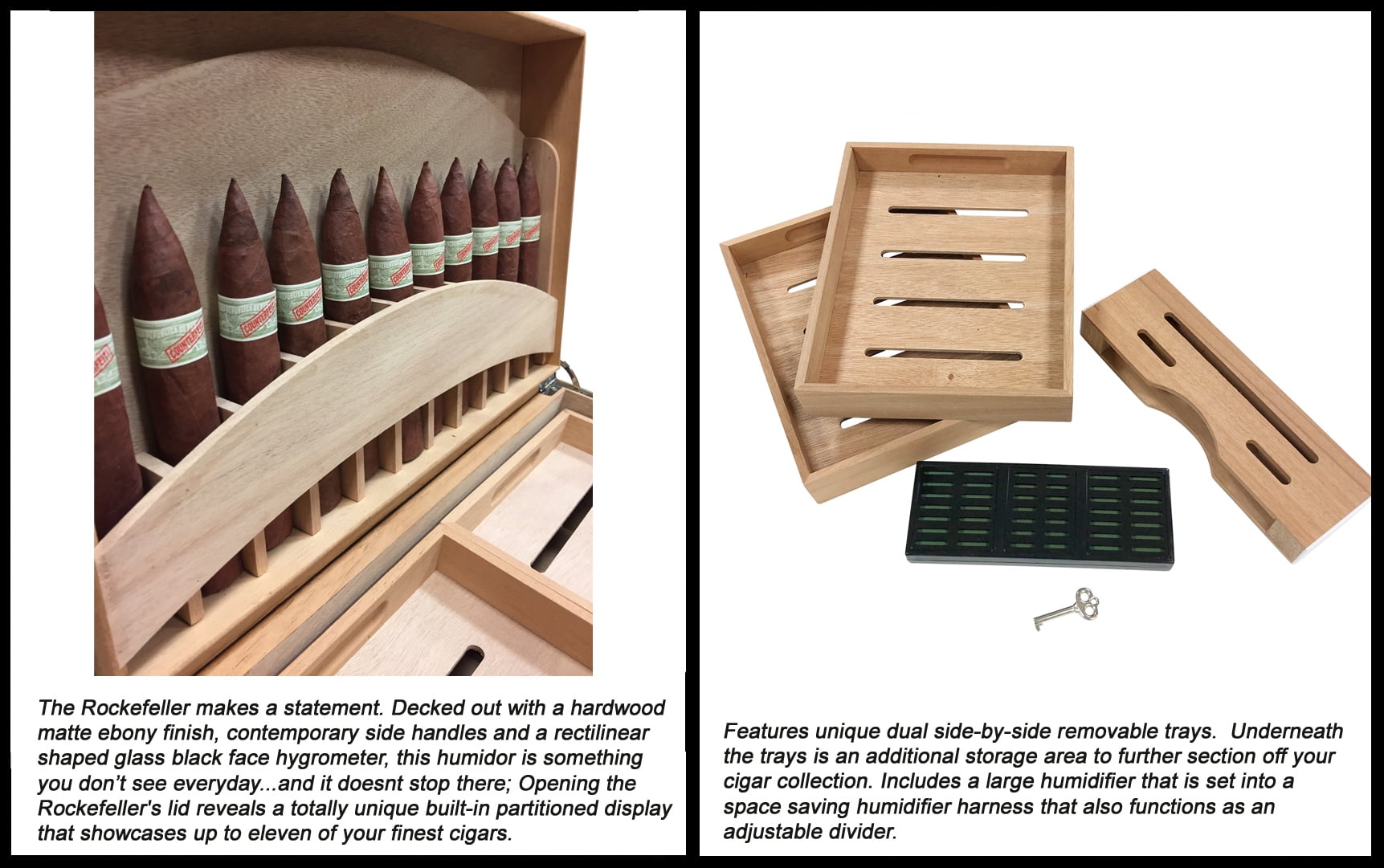Prestige Import Group - Rockefeller Built-In Partitioned Display Cigar Humidor - Capacity: 130 - Color: Matte Ebony Finish