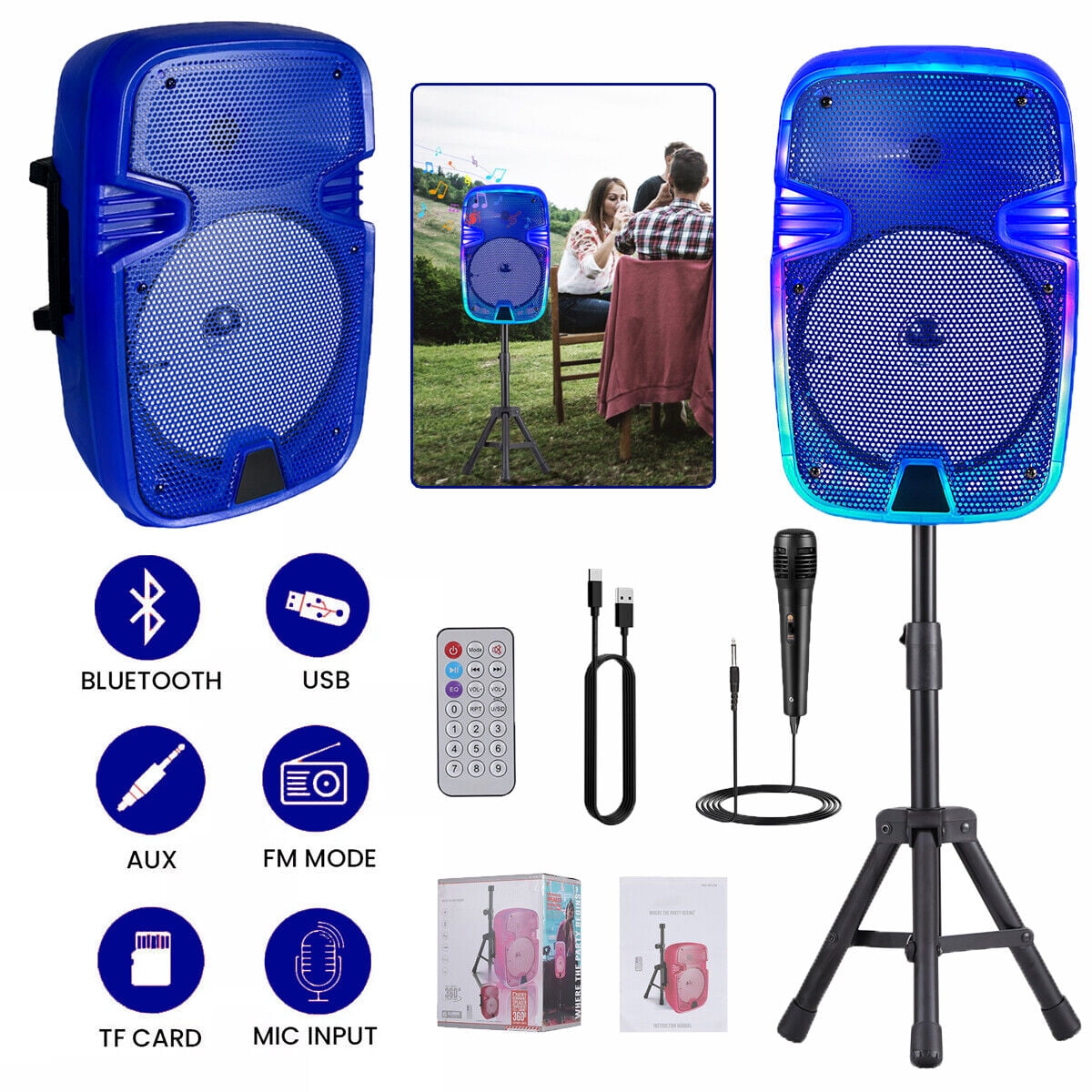 Portable Bluetooth Speaker 8" Woofer w/ Tripod Stand Microphone Remote Control Blue LED, Clear Shell