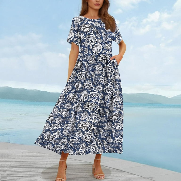 navy blue dress for baby girl Womens Sundress Summer Floral Short Sleeve Wrap V Neck A-line Midi Dress main image 1