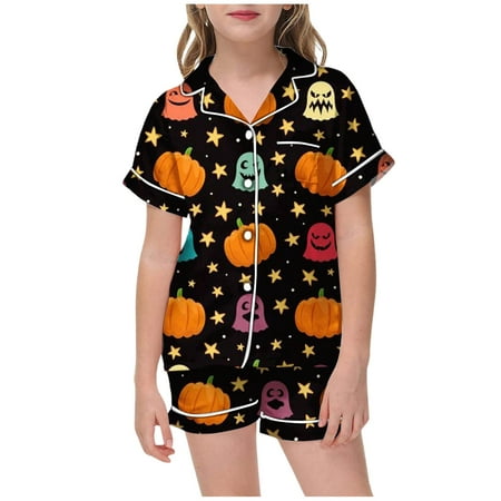 

GYUJNB Halloween Pajamas Girls 2Pc Ghost Graphic Silk Satin Sleepwear Button Down Short Sleeve Lounge Shorts Pajamas Set