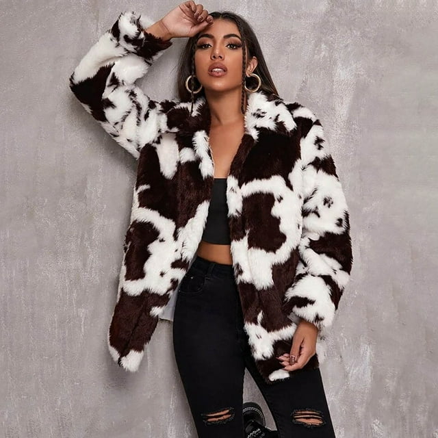 Qertyioot Plus Size Coat for Womens,Autumn And Winter New Harajuku Style Cow Pattern Imitation Jacket Loose
