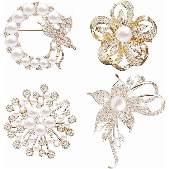 Four crystal and pearl brooches, women's style, elegant wedding bridal brooches, gift brooches, sparkling prom accessories, suit jacket lapel brooches.