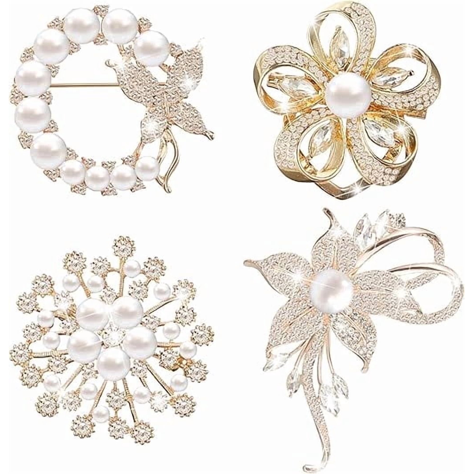 Four crystal and pearl brooches, women's style, elegant wedding bridal brooches, gift brooches, sparkling prom accessories, suit jacket lapel brooches.