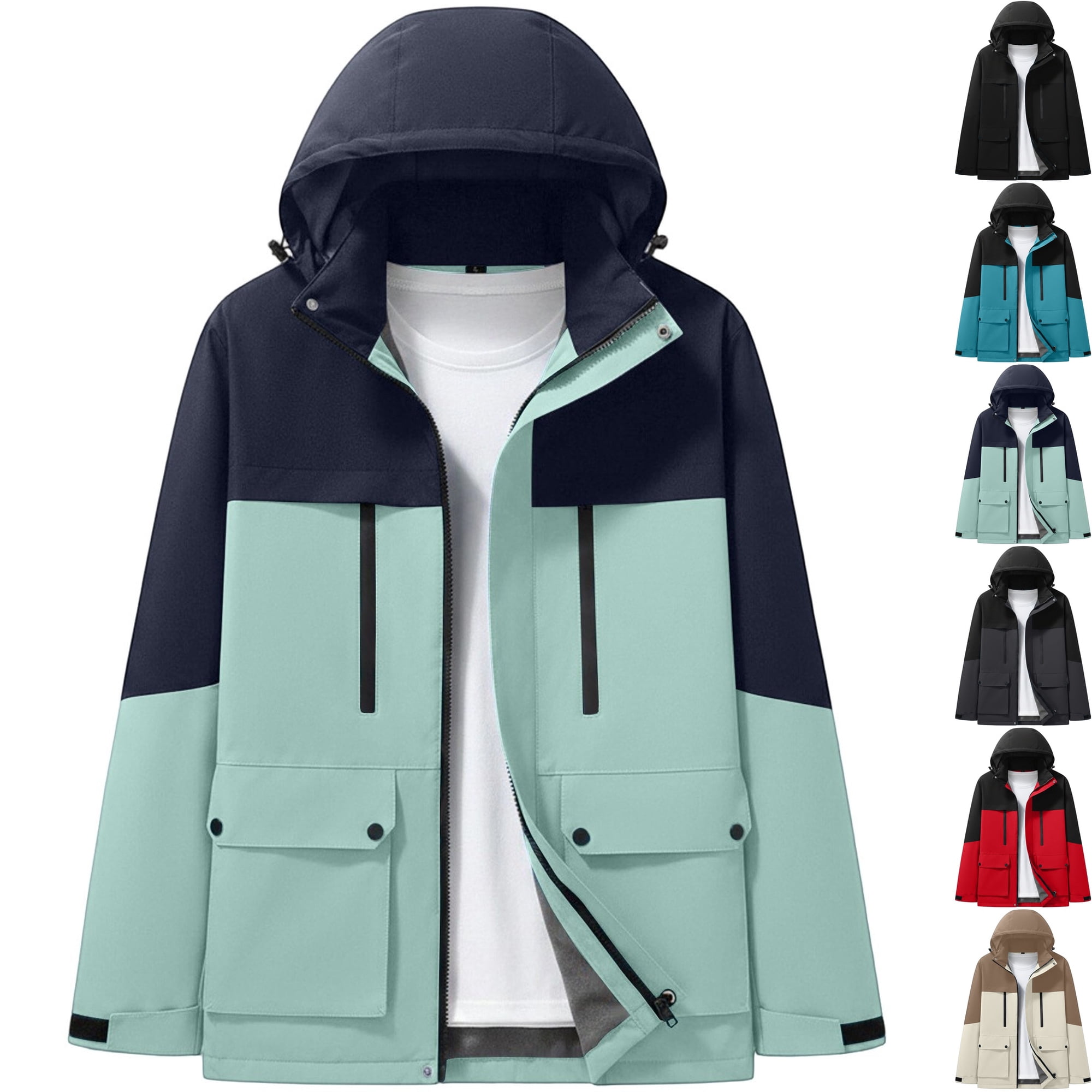 Men s Waterproof Windbreaker with Detachable Hood Color Block Windproof Rain Jacket Active Shell Coat with Multi Pockets for Hiking Travel Outdoor Green M