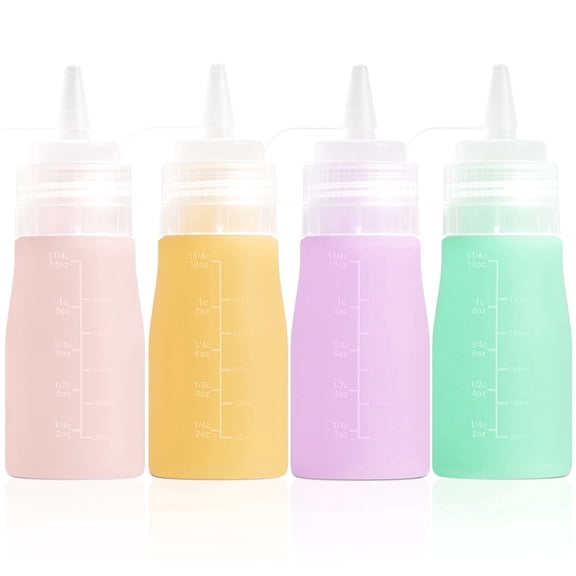 Mrsdry 12 oz Condiment Squeeze Bottles For Sauces, Leak Proof Condiment Container with Extra Interchangeable lid for Oil, Honey & Dressings, 4 Pack