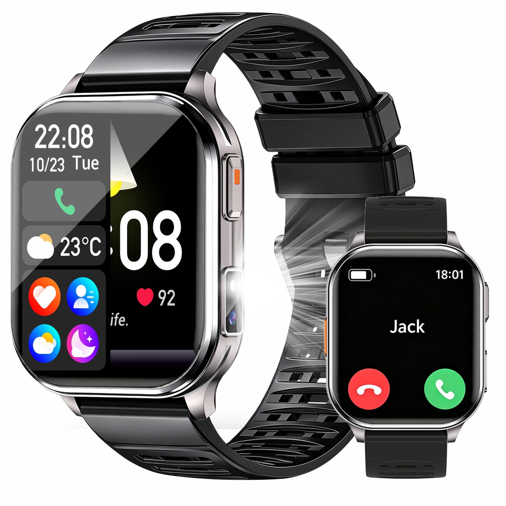 TANMASHI 2.01" Men's Smart Watch, Built-in Camera, Bluetooth Calling, Fitness Tracker, Waterproof, Flashlight, Android/iPhone, Black