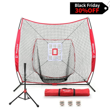 Morpilot Baseball/Softball Bundle | 7x7 Hitting Net |Sturdy club set| 3 Weighted Training Balls | Strike Zone Target | Carry Bag | Practice Batting, Pitching, Catching | Backstop Screen Equipment