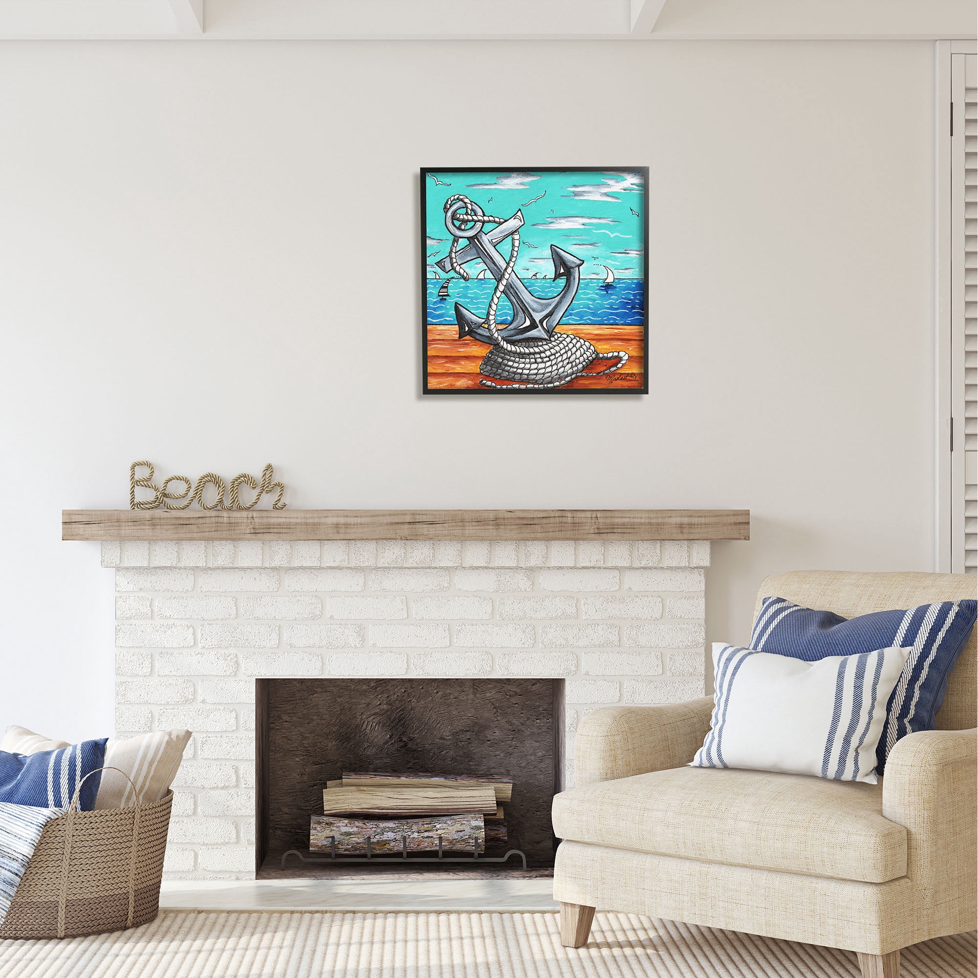 Stupell Industries Maritime Anchor on Beach Nature Painting Black Framed Art Print Wall Art, 24 x 24
